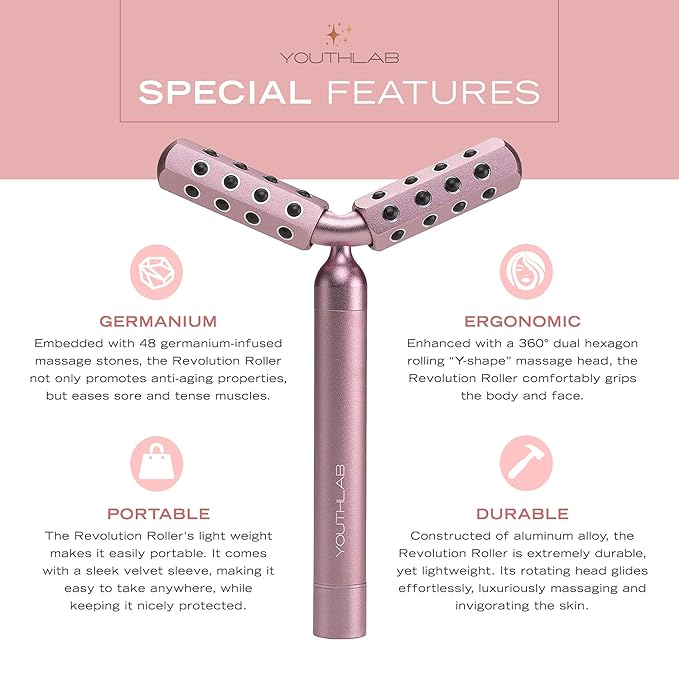 Revolution Roller - Germanium Stone Uplifting Face/Body Beauty Massage Tool/Roller/Wand for Skin Tightening/Firming, De-Puffing, Anti-Aging (Rose Gold)