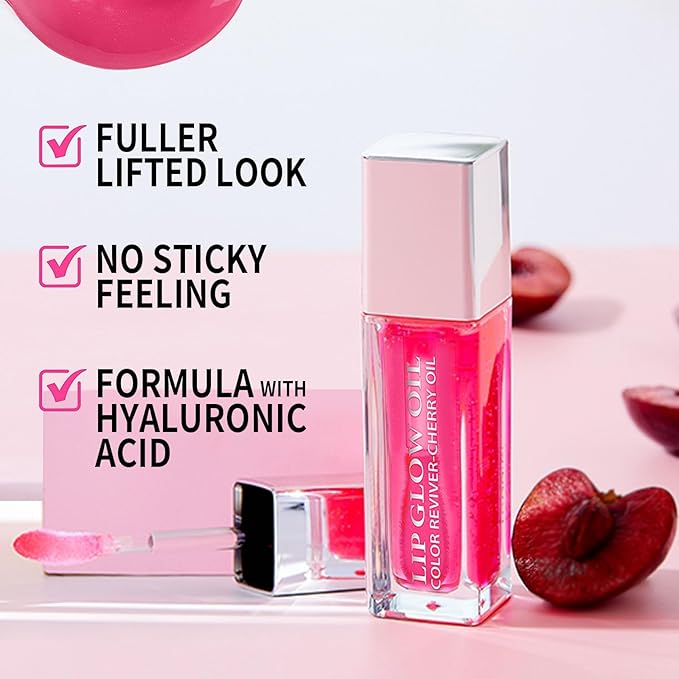 Plumping Lip Oil, Hydrating Gloss Tinted Lip Balm Transparent Lip Care, Big Brush Head Glitter Shine, Long Lasting Nourishing Non-sticky Fresh Texture(2PCS CHERRY)