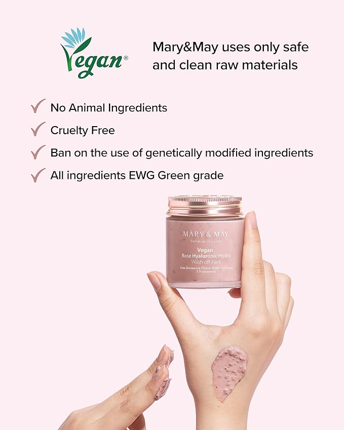 Mary&May Vegan Rose Hyaluronic Hydra Wash Off Mask - Rose Petal and Damask Rose Water Cream Mask for Moisturizing, Exfoliation, and Blackhead Removal - Korean Skincare, 10.1oz.