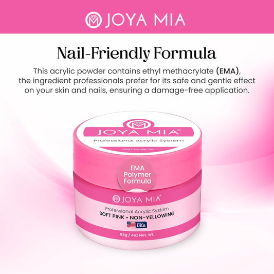 Joya Mia Acrylic Powder for Nails, MMA-Free, Super Adhesion Professional Powder for Flawless & Long-Lasting Nail Enhancements, Easy Application, Vibrant & Stunning Colors - Soft Pink, 4 oz