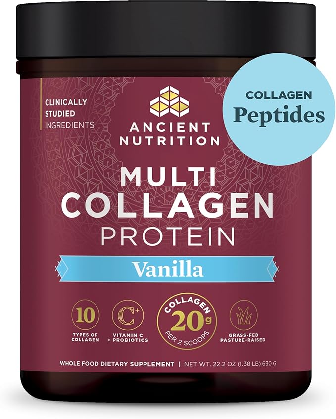 Ancient Nutrition Collagen Peptides Powder, Multi Collagen Protein, Women & Men, Vitamin C, Probiotics, Hydrolyzed Collagen, Supports Skin, Joints, Gut Health, Vanilla, 60 Servings