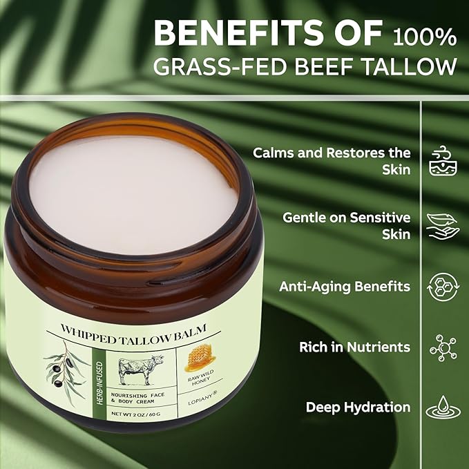 Beef Tallow for Skin, Beef Tallow and Honey Balm, All-Natural Moisturizer Nourishes and Hydrates the Skin Face Body, Grass Fed Whipped Tallow Honey Balm with Honey 60ml