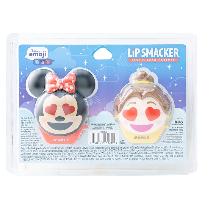 Lip Smacker Disney Minnie Mouse and Beauty And The Beast Belle Emoji Lip Balm Duo, Flavored Strawberry Lemonade, Bow-nade, 2 Pack