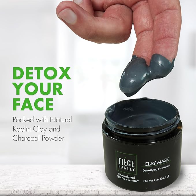 Tiege Hanley Mens Detoxifying Facial Clay Mask, 2 Oz (1-Pack) - Deep Pore Cleansing Charcoal Face Mask with Natural Kaolin Clay Absorbs Excess Oil & Reduces Appearance Pores - Skin Care for Men