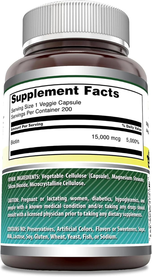 Amazing Formulas Biotin 15000 mcg - Supports Healthy Hair, Skin & Nails - Promotes Cell Rejuvenation - Supports Healthy Metabolism & Digestive Health (200 Capsules)