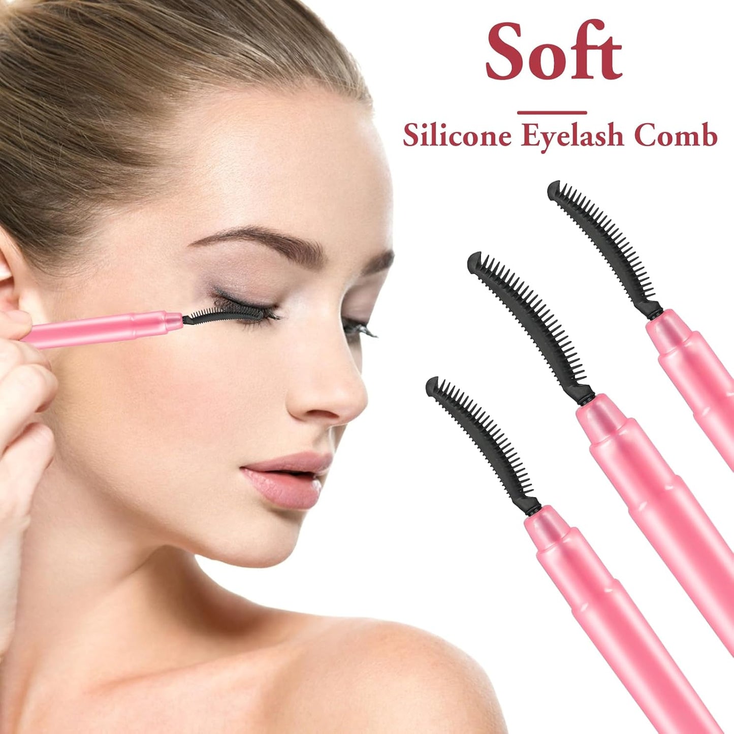 3 Pcs Silicone Lash Definer with Dust Lid Eyelash Comb Mascara Separator Brow Grooming Brush (Pink)
