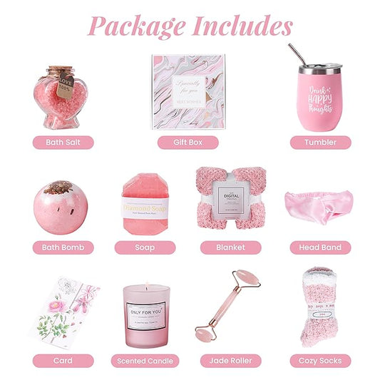 Birthday Gifts For Women, Self Care Gifts For Women - Jade Roller, 10 in 1 Spa Basket Care Package, Get Well Soon Gifts w/ Plush Blanket, Relaxing Spa Gift Basket, Birthday Gift Basket For Mom Wife