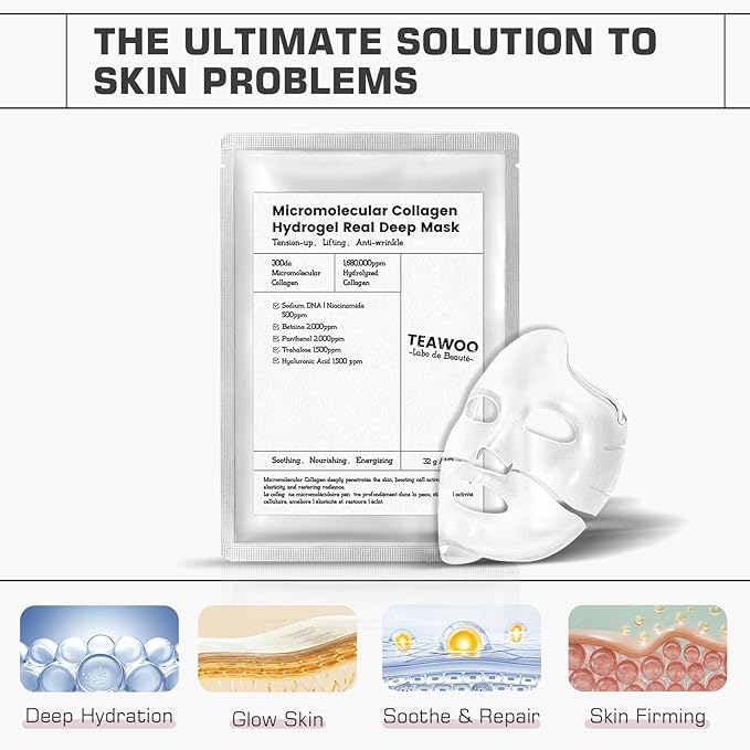 Micromolecular Real Collagen Overnight Mask 3 EA | 1,680,000 PPB Micro Collagen Hydrogel Face Mask | Ampoule Essence + Collagen Mask Set for Deep Hydration & Radiance