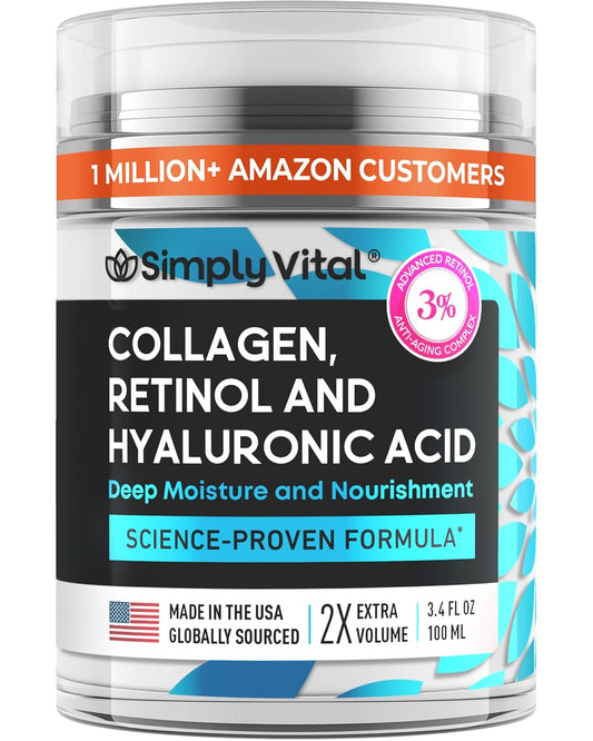 SimplyVital Collagen, Retinol & Hyaluronic Acid Cream - Anti-Aging Retinol Cream for Face, Neck & Décolleté - Made in USA - Daily Moisturizer Face Cream - 3.38 fl oz