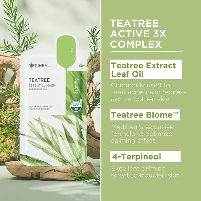 Mediheal Official Best Korean Sheet Mask - Tea Tree Essential Face Mask 4 Sheets Skin Soothing Treat Blemishes Sebum Control For All Skin Types