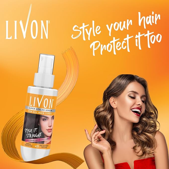 Livon Hair Serum for Men & Women | Frizz-free & shinier hair | Sulphate & Paraben free| For All Hair Types | Lightweight & Non Greasy | For Hair Straightening | 5X Less Hair Breakage | 3.3 Fl.oz.
