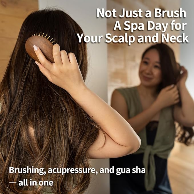 Uffy Acubrusher – 24K Gold-Plated Gua Sha Hair Brush - Ergonomic Scalp Massager for Dandruff & Hair Growth, Suitable for All Hair Types - Ideal Gift for Mom in Walnut Wood