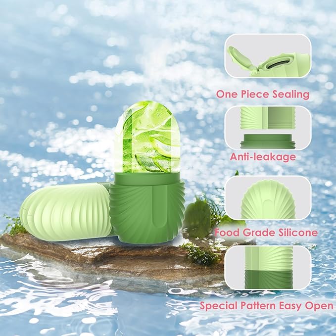 Ice Face Roller, Silicone Facial Ice Roller, Reusable Skin Care Massager Tools for Relieve Puffiness, Tighten Skin, Shrink Pores Shell Green