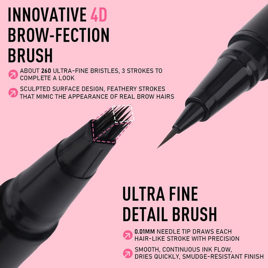 Dual Ended Microblading Eyebrow Pen - 2 in 1 Liquid Eyebrow Pencil with Brow-Fection Angled Brush & Precise Detail Brush-Tip, Shapes & Fills Hair-Like Looking Brows, Lasts All-Day, Brown