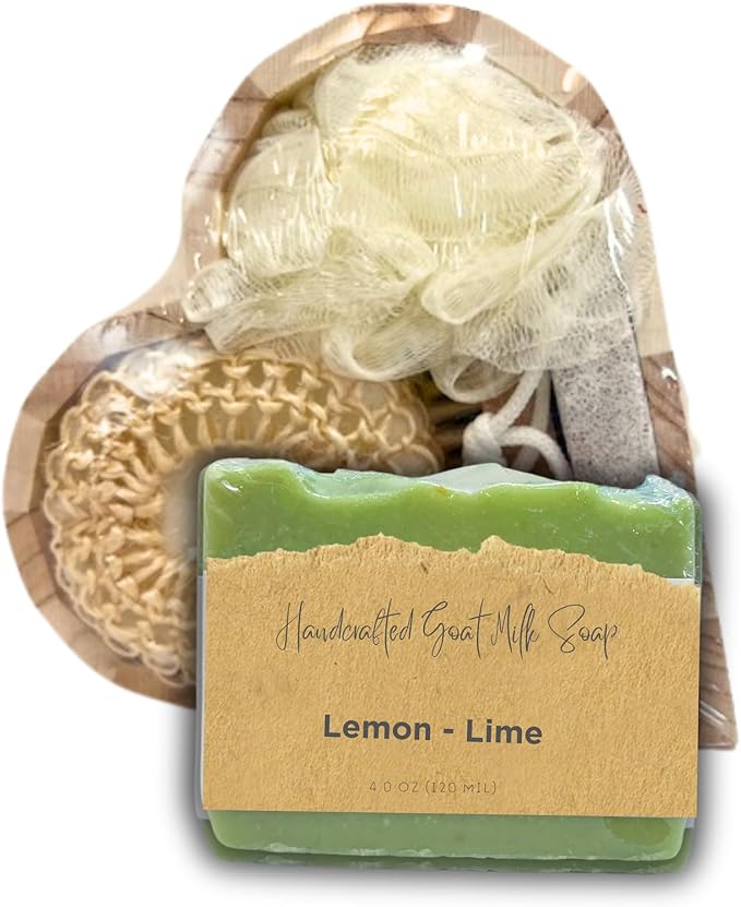 Bath Sets for Women Gift Bath Sponge, Feet Scrubber, Body Brush, Goat Milk Soap Lemon Lime - Perfect Gifts for Women & Mom, Bath Spa Gifts in Heart-Shaped Box, Skin Care Set