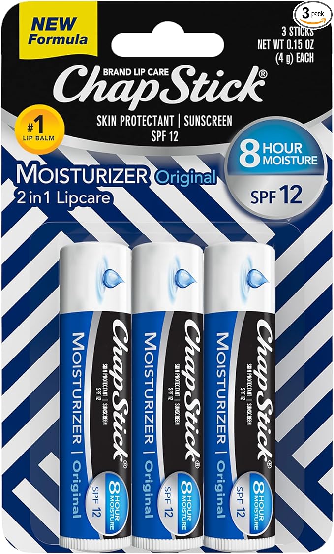 ChapStick SPF Lip Balm 3-Pack – Original 2-in-1 Lipcare with SPF 12, Ultra Hydrating Formula with Aloe Vera and Vitamin E, 0.15 Oz Ea