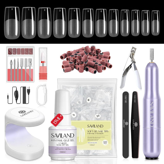 SAVILAND Gel Nail X Kit: 500 Pcs Square Nail Tips Gels Nail Kit with Drill, 0.5 Oz 4-in-1 U V Nail Glue with Lamp, Nail Kit At Home Art Designs & Salon Manicure Kit Gift For Women