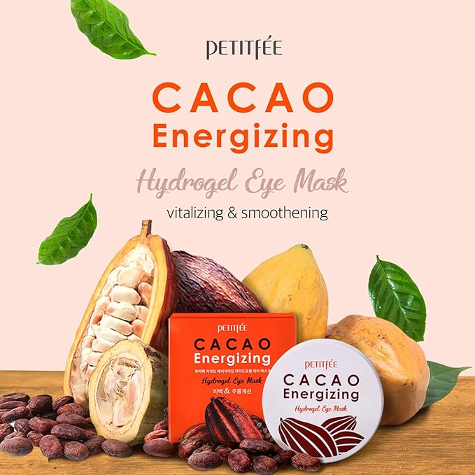 Petitfee Cacao Energizing Hydrogel Eye Mask 60ea (30pairs) - Nourishing Eye Patch with Cacao Seed Butter, Brazil Nut, Pine Nut, Macadamia, Revitalizes Under Eyes, Cooling, Firming, Hydrating Eye Care