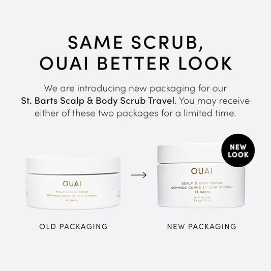 OUAI Scalp & Body Scrub, St. Barts Travel Size - Exfoliating Body Scrub with Sugar & Coconut Oil Blend for Smooth, Moisturized Skin - Gentle Scalp Scrub for Removing Product Build Up (3.4 oz)