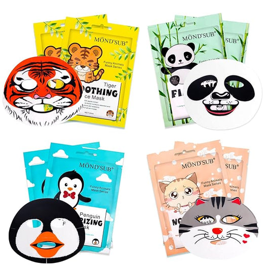 Animal Spa Mask, Character Masks Sheet- Penguin, Panda, Tiger, Cat -Nourishing Moisturizing Effects For All Skin Types- Birthday Party Gift for her, Girls Night, Spa Night, Beauty Gift (8pack)