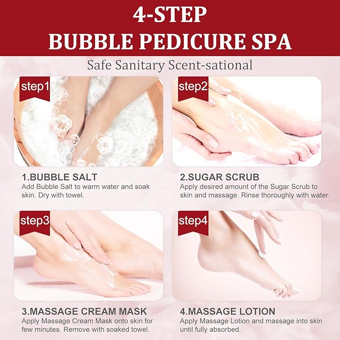 Pedicure Kit Foot Soak Set: Bubble Salt, Sugar Scrub, Massage Mask, Massage Lotion in a Box, 4 Step Foot Spa Kit for Dry Feet,Tired Feet (1 Set Pomegranate)