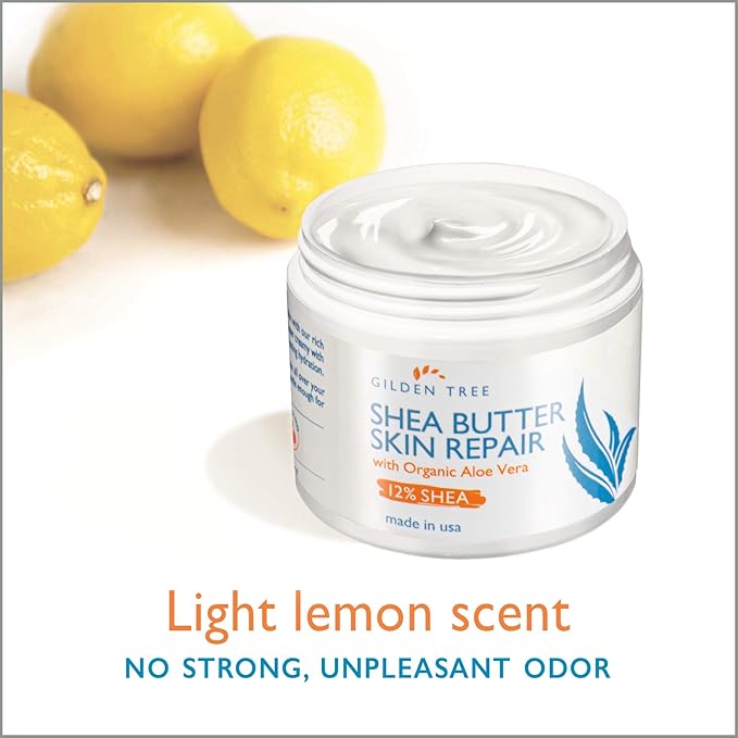 GILDEN TREE Shea Butter Skin Repair Cream, Natural & Organic for Deep Moisturizing of Dry, Cracked, Itchy Sensitive Skin on Hands, Face, Body and Feet - Suitable For All Skin Types, Light Lemon Scent