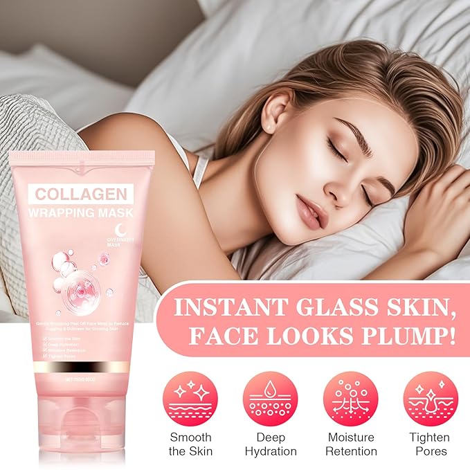 Collagen Overnight Wrapping Peel Off Face Mask Overnight Collagen Face Mask -Deep Hydration Care, Reduce Sagging & Dullness-Korean Skin Care for Glowing Skin 2.65 fl.oz, Brush Included(Pink)