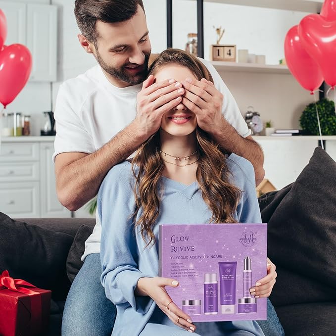 Daily Essential Skincare Set, Glycolic Acid+Vitamin C Facial Skin Care Sets & Kits, 5 In 1 Skin Care Gifts for Women w/Exfoliates Face Wash, Toner, Serum, Moisturizer, and Mask, Vegan & Cruelty-Free