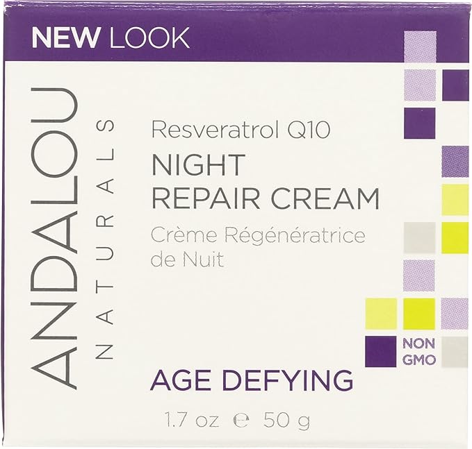 Andalou Naturals Resveratrol Q10 Night Repair Cream, Age Defying, Non GMO, Gluten Free, 1.7 Ounces (Pack Of 1)