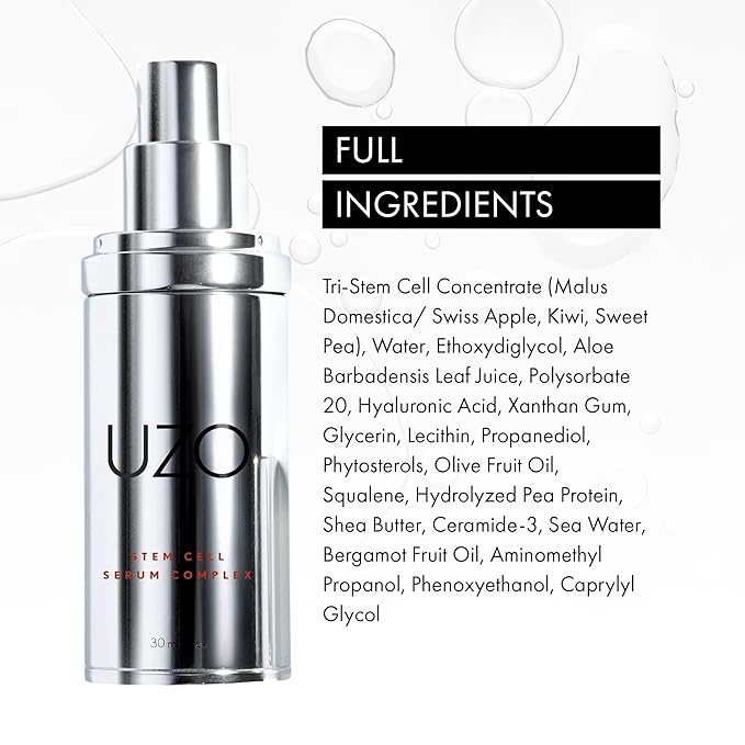 UZO Stem Cell Serum Complex, Plant-Based Hydrating Face Serum with Antioxidants, Facial Skincare, Improves Skin Tone, Texture & Elasticity, All Skin Types - Day & Night Use, 1 FL Oz, 30ml