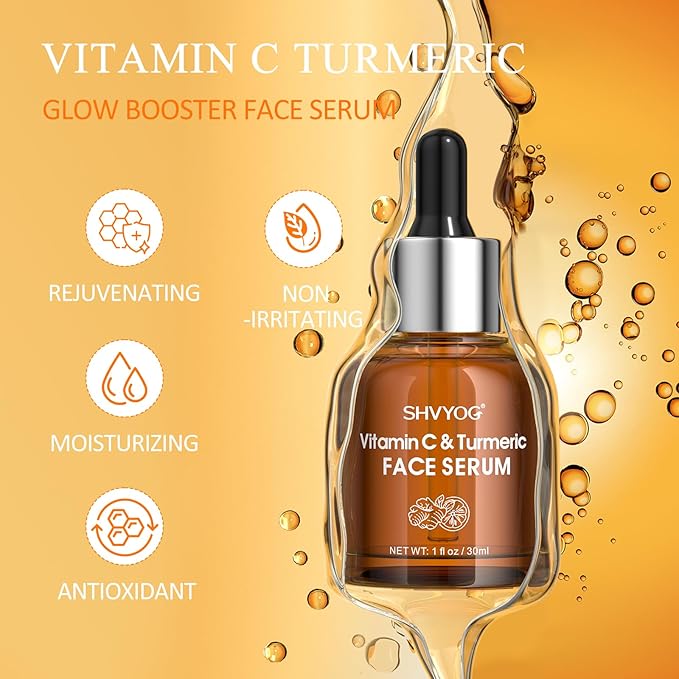 Vitamin C Face Serum with Turmeric for Uneven Skin Tone, Vitamin C & Turmeric Serum for Anti-Aging, Hydrating and Improving Dull Skin 1 Fl Oz