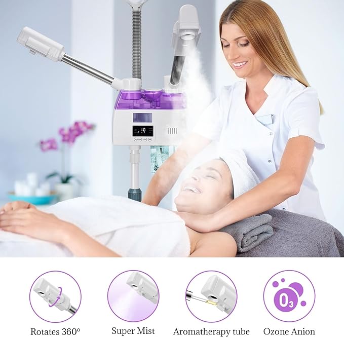 3 in 1 Facial Steamer,Professional Facial Steamer with 5X Magnifying LED Lamp, Esthetician Steamer with Hot & Cold Mist, Face Steamer On Wheels for Salon Spa Beauty Skin Care