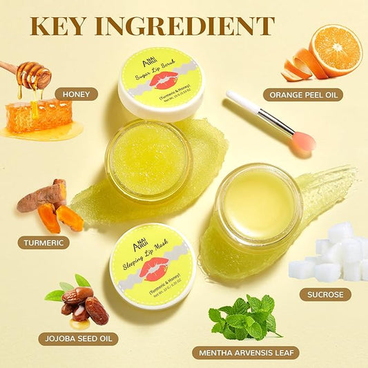 ANAI RUI Lip Care Kit - Sugar Scrub Set, Sleeping Mask & Exfoliator - Overnight Skin Treatment - Scrub & Moisturizer for Dry Chapped Cracked Peel Lips (Turmeric+Honey)