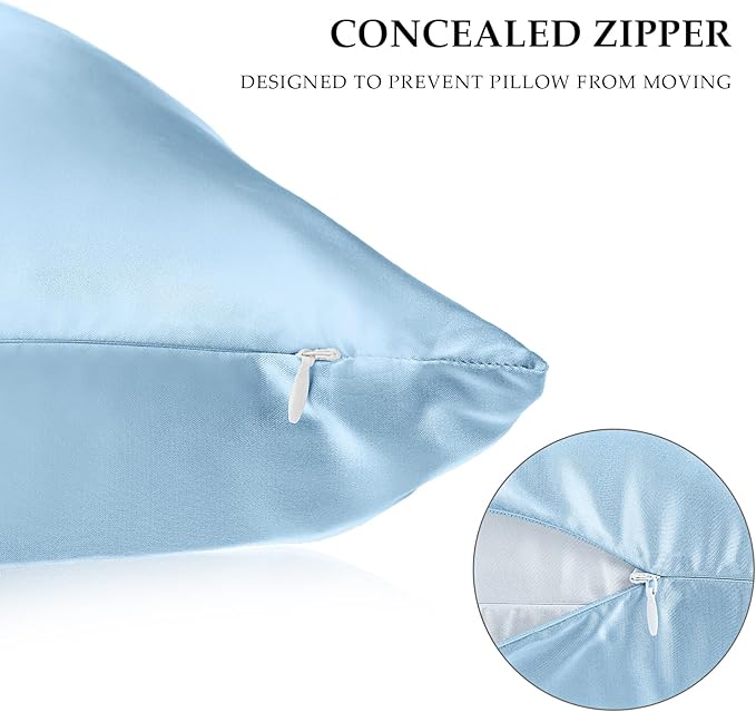 2 Pack Satin Pillowcase with Latent Zipper, Adjustable Satin Eye Mask for Sleeping and Satin Volume Scrunchie for Hair and Skin, Standard Size (Classic Style, Blue)