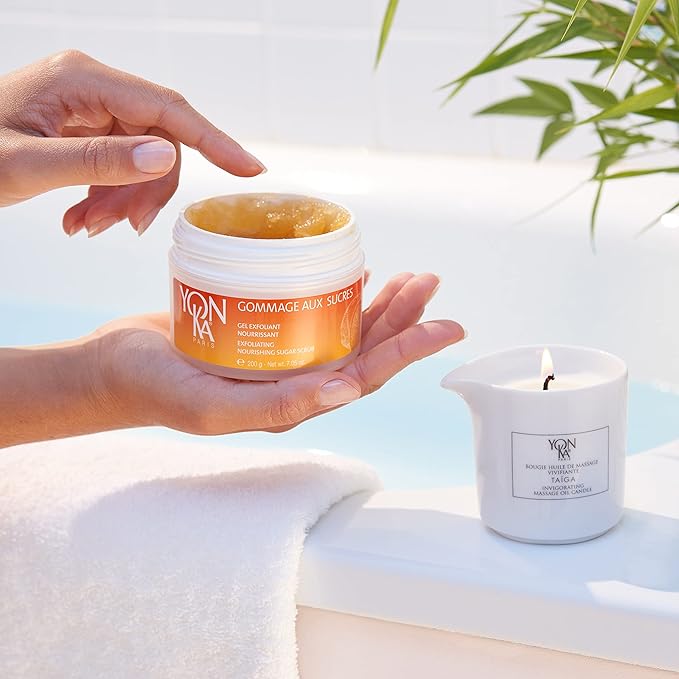 Yon-Ka Mandarin Sugar Scrub, Exfoliating Body Scrub with Brown Sugar and Sunflower Oil, Gentle Natural Ingredients Hydrate and Moisturize Dry Skin, Sweet Orange and Citrus Scent (200g)