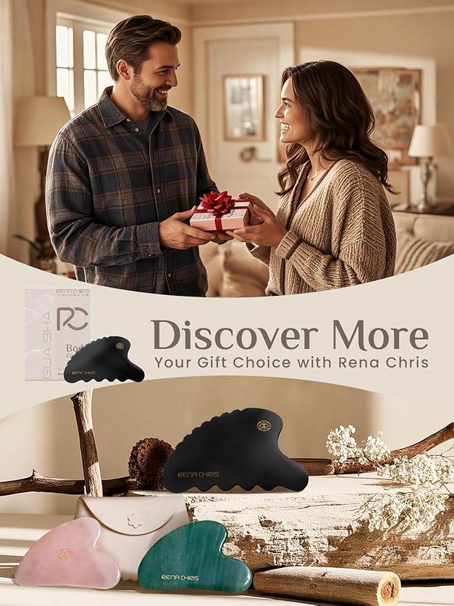 Rena Chris Body Gua Sha Tools, Natural BianStone GuaSha Tool, Manual Massage Sticks for Jawline Sculpting and Puffiness Reducing, Whole Body Skin Care Massager (Black)