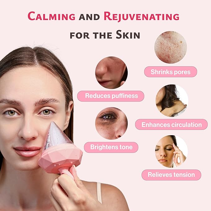 Rena Chris Ice Roller for Face: Diamond Ice Facial Roller, Reach Detailed Areas, De-Puff Eye Bags, Reusable Silicone Massage Ice Mold with Face Wash Wristband, Skin Care Tools for Women(Pink)