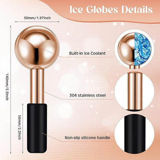 Baderke 2 Pcs Ice Globes for Face Stainless Steel Cooling Globes Unbreakable Cooling Roller Women Ice Balls Cryo Sticks Face Skin Care for Dark Circles, Puffiness(Rose Gold (black Handle))
