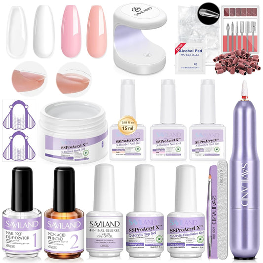 SAVILAND Builder Nail Gel Kit with Nail Drill: Clear Pink Nude White Gel Builder for Nails VE Castor Oil Ultra - Hard Gel with U V Lamp Base Top Coat for Nail Apex Extension Strengthener SSProAcryl X