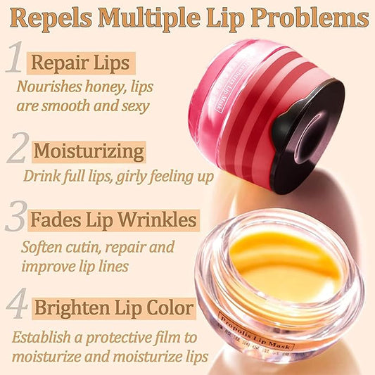 Honey Lip Balm Pot, 4 PCS Honey & Strawberry Lip Sleeping Mask Hydrating Propolis Lip Balm with Stick, Prevention Dry and Cracked Lip Scrubs Reduces Lip Wrink (2 Honey+2 Strawberry)