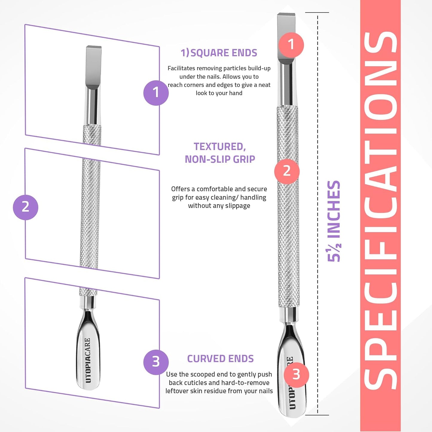 Utopia Care Cuticle Pusher Tool & Spoon Nail Cleaner, Professional Stainless Steel Cuticle Remover & Cutter, Durable Manicure & Pedicure Tool for Finger & Toenails, Silver