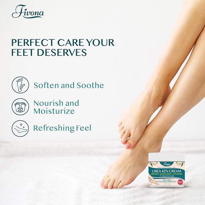 Fivona Foot Care Kit 4 in 1 - Foot Soak Blend with Epsom Salt, Tea Tree and Essential Oils - Collapsible Foot Soak Basin - 42% Urea Cream for Hard, Calloused Skin - Dual Action Foot File