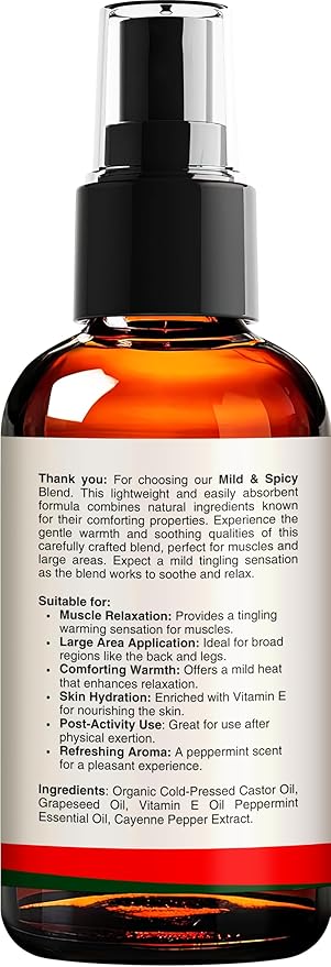 Organic Castor Cayenne Muscle & Body Oil - Mild & Spicy - Lightweight Fast Absorbing Oil for Skin, Body, Belly, Muscles, Large Areas for Everyday Relaxation 2oz