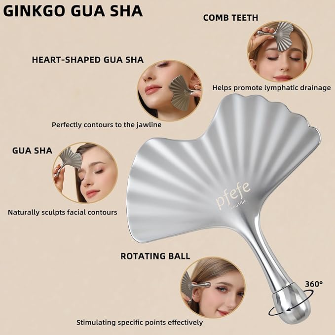 Stainless Steel Gua Sha & Face Roller, Ginkgo Gua Sha for Esthetician Supplies Women Gift, Skin Care Tool for Puffiness, Wrinkles, Dark Circles