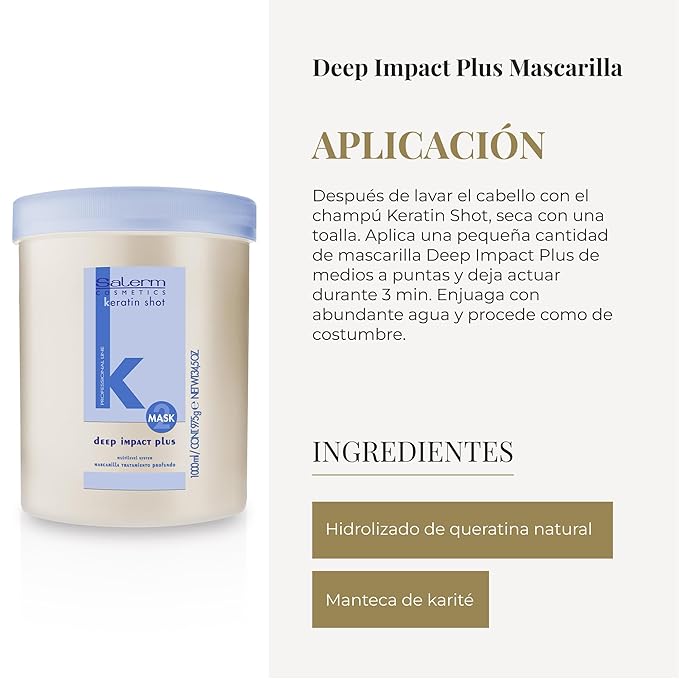 SALERM - Hydrating Hair Mask - Deep Impact Plus - 1000 ml - Deep Hair Hydration - For Use After Keratin Shot + Keramix Treatment - Smooth and Straight Hair