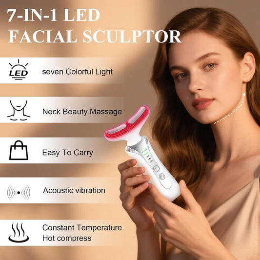 2025 New 7 in 1 Face Massager Tool, Red Light Therapy for Face and Neck, Portable Face Lift Device, Neck Massager for Double Chin Reducer