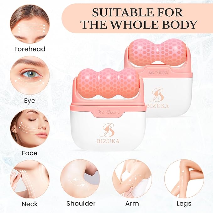 Ice Roller for Face and Eyes Facial Skin Care Tool 2-in-1 Ice Roller for Face & Eyes - Reduces Puffiness, Relieves Migraines, with Travel Case - Ideal Gift for Women (Pink)