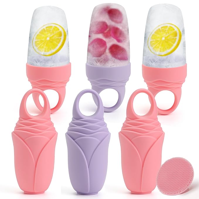 3 Pcs Facial Ice Roller Silicone Mold Reusable for Face Women and Eye Neck Cold Skin Care Tools Freezer De Puff Eye Bags Reduce Migraine Pain Pink 2 + Purple 1