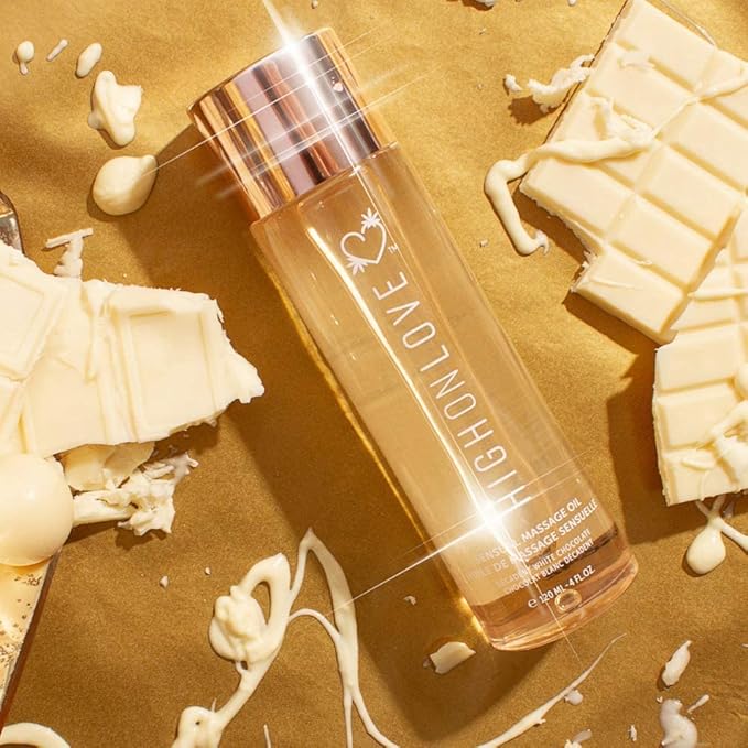 HIGHONLOVE Natural Body Oil with Hemp Seed, Grape Seed, and Vitamin E Oil - Moisturizing Body Oil, Non-Greasy, Glowy Finish (120 ml) (Decadent White Chocolate)