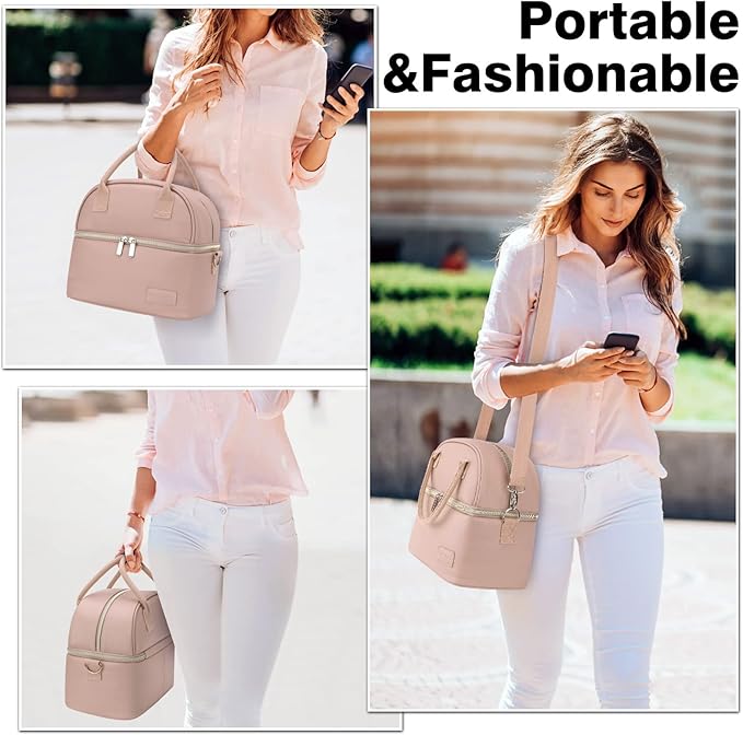 BALORAY Lunch Bag for Women Men, Double Deck Lunch Box for Adults, PU Leather Lunch Tote Bag Insulated Lunch Bags with Strap for Work Office Picnic